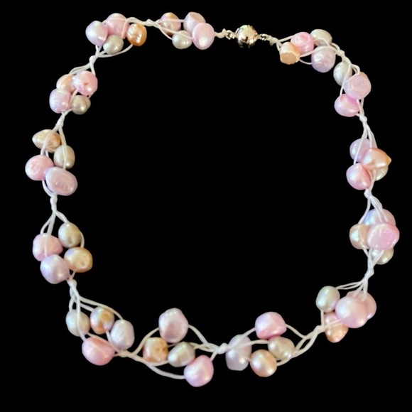 Genuine Baroque Pink Pearl Collar Necklace Cluster Tied Cord Artisan Made 17” - Picture 3 of 5